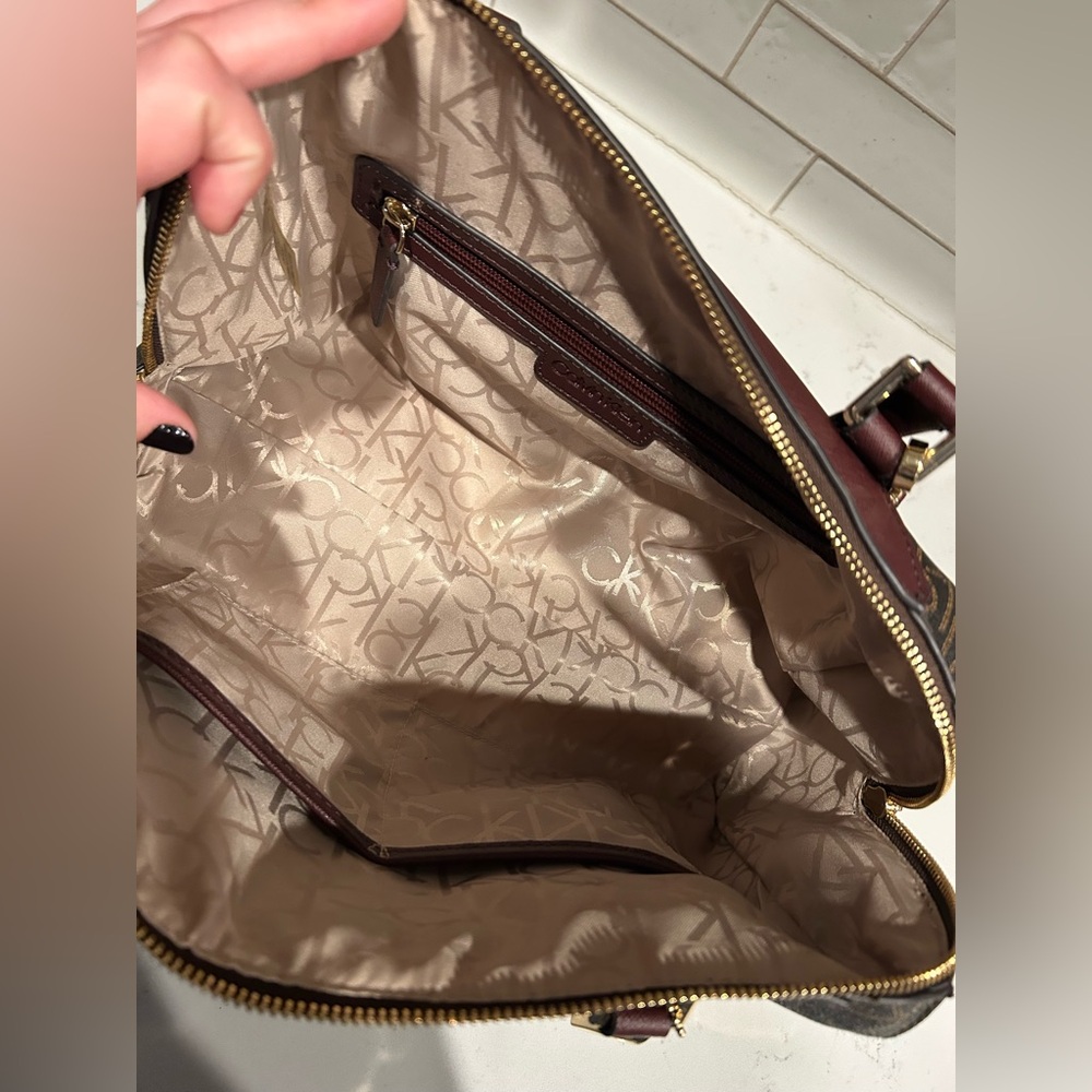 Calvin Klein Brown Monogram Dome Satchel with Burgundy Handles - Picture 5 of 7